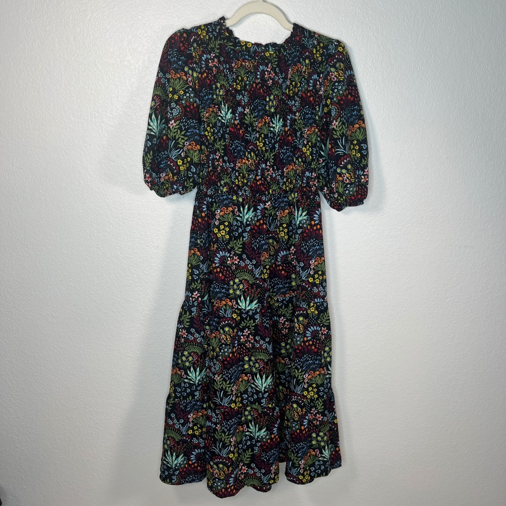 Sugarlips Bright Summer Floral Smocked Tiered Midi Dress Black Sz Small